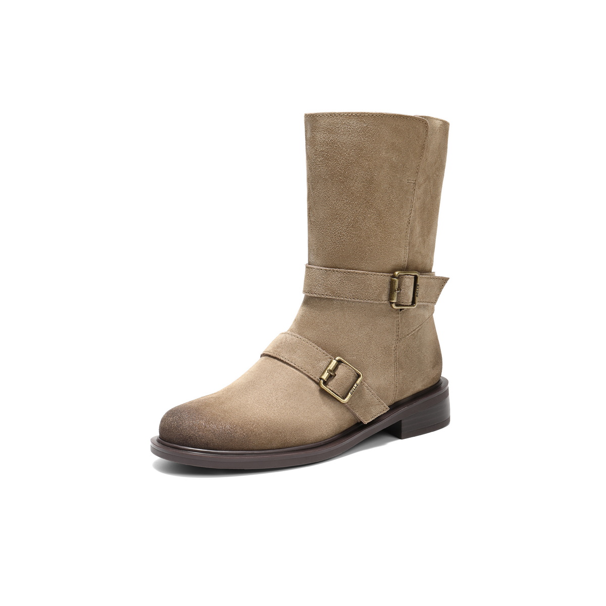 百丽复古绒面皮带扣时装靴女2025冬新做旧擦色粗跟西部靴3QF65DG5