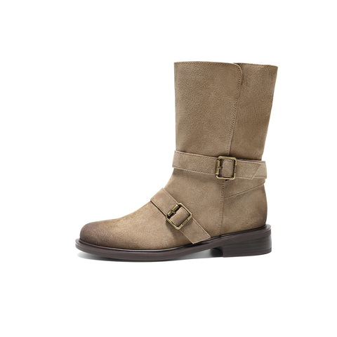 百丽复古绒面皮带扣时装靴女2025冬新做旧擦色粗跟西部靴3QF65DG5