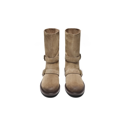 百丽复古绒面皮带扣时装靴女2025冬新做旧擦色粗跟西部靴3QF65DG5