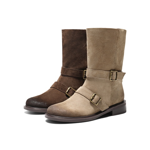 百丽复古绒面皮带扣时装靴女2025冬新做旧擦色粗跟西部靴3QF65DG5