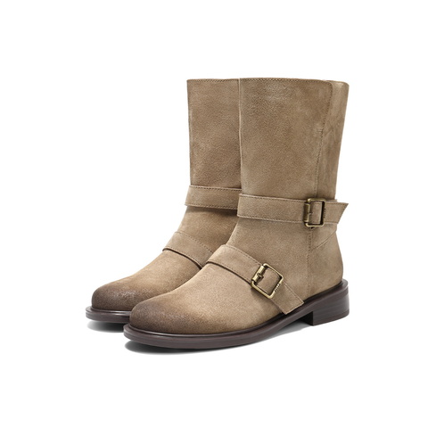 百丽复古绒面皮带扣时装靴女2025冬新做旧擦色粗跟西部靴3QF65DG5