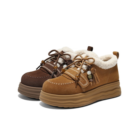 百丽复古民族风串珠毛毛鞋女2025冬新厚底加毛保暖休闲鞋B2954DM5