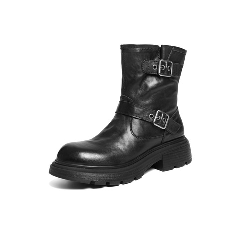 百丽复古抓皱马丁靴女2025冬新质感真皮时尚皮带扣短靴B2959DD5