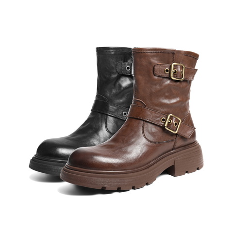百丽复古抓皱马丁靴女2025冬新质感真皮时尚皮带扣短靴B2959DD5