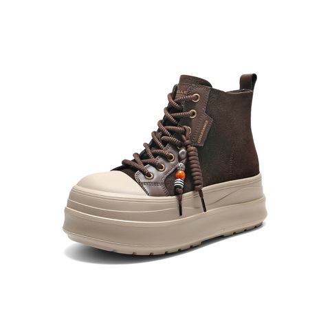 百丽时尚串珠高帮休闲鞋女2025冬新厚底增高百搭休闲板鞋B3011DD5