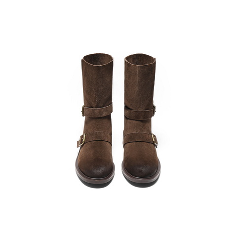 百丽复古绒面皮带扣时装靴女2025冬新做旧擦色粗跟西部靴3QF65DG5