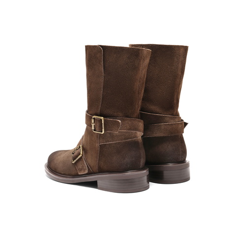 百丽复古绒面皮带扣时装靴女2025冬新做旧擦色粗跟西部靴3QF65DG5