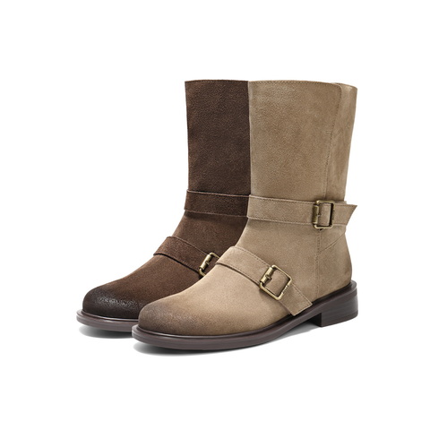 百丽复古绒面皮带扣时装靴女2025冬新做旧擦色粗跟西部靴3QF65DG5
