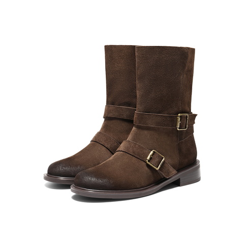 百丽复古绒面皮带扣时装靴女2025冬新做旧擦色粗跟西部靴3QF65DG5