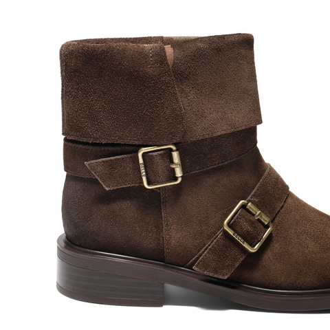 百丽复古绒面皮带扣时装靴女2025冬新做旧擦色粗跟西部靴3QF65DG5