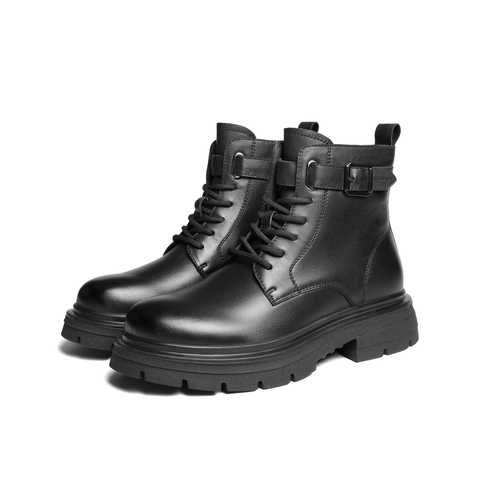 百丽时尚休闲靴男2025新款冬季牛皮革潮搭厚底马丁靴加绒A2287DD5