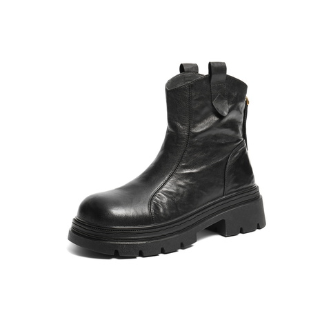 百丽复古抓皱时装靴女2025冬新商场同款真皮厚底显瘦短靴F2N1DDZ5