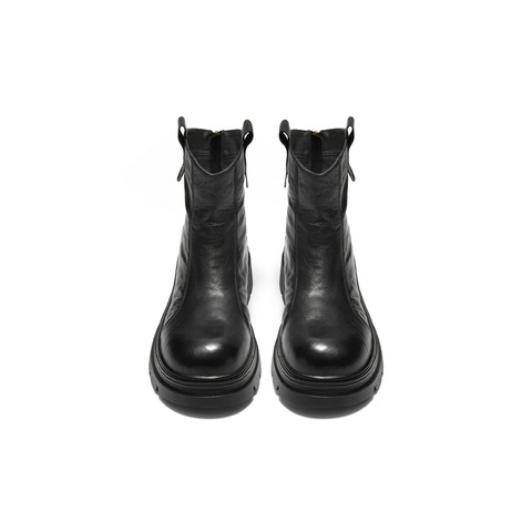 百丽复古抓皱时装靴女2025冬新商场同款真皮厚底显瘦短靴F2N1DDZ5