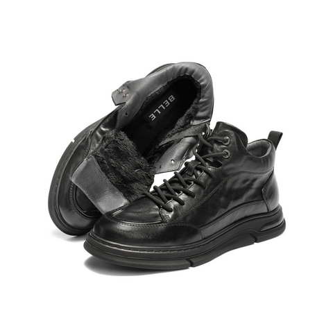 百丽高帮休闲皮鞋男2025新冬季商场款牛皮革舒适板鞋加绒8WG01DD5