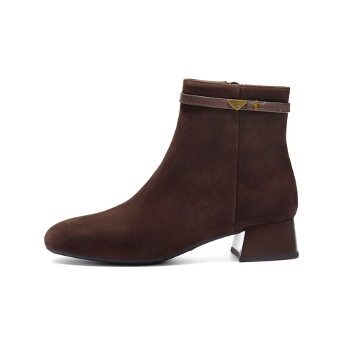 百丽复古气质时装靴女2025冬新真皮粗跟增高通勤短靴B2943DD5