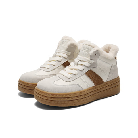 百丽加绒保暖高帮板鞋女2025冬新商场同款厚底增高休闲鞋E5T1DDD5