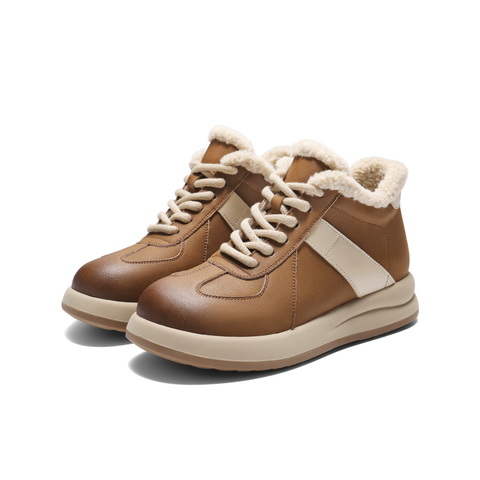 百丽复古撞色高帮休闲鞋女2025冬新商场同款加绒保暖板鞋E5J1DDD5