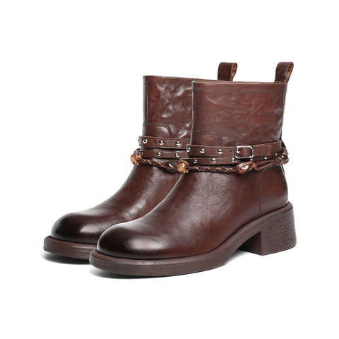 百丽民族风串珠时装靴女2025冬新商场同款真皮厚底短靴F2L1DDD5