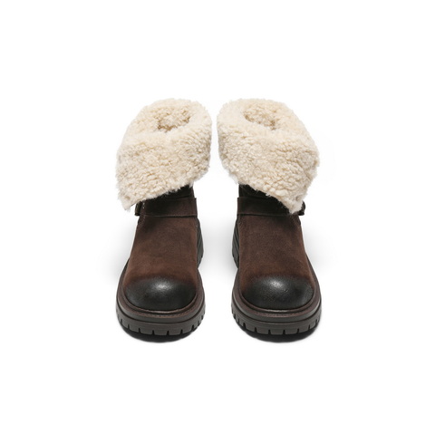 百丽厚底增高西部靴女2025冬新复古绒面潮酷双饰扣中筒靴B2824DZ5