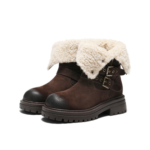 百丽厚底增高西部靴女2025冬新复古绒面潮酷双饰扣中筒靴B2824DZ5