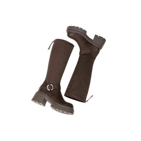 百丽复古潮酷弹力靴女2025冬新商场同款粗跟增高弹力高靴E5H1DDG5