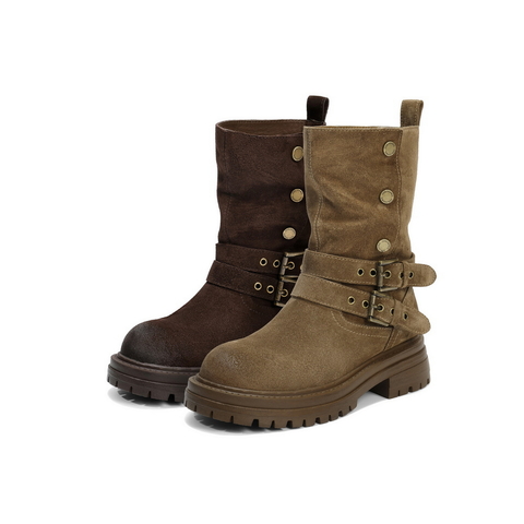 百丽厚底增高西部靴女2025冬新复古绒面潮酷双饰扣中筒靴B2824DZ5