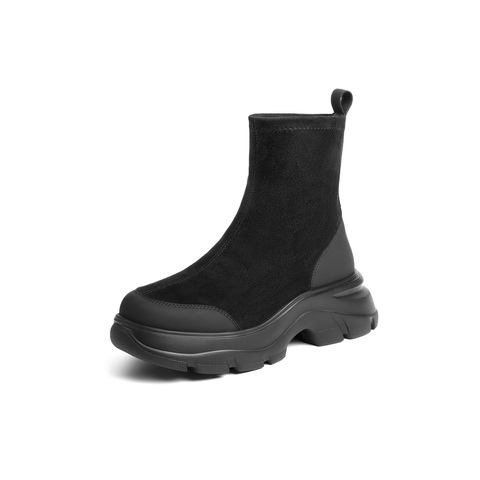 百丽厚底增高弹力靴女25冬新复古绒面防撞头弹力短靴E4V2DDZ5