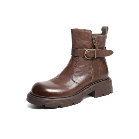 百丽潮酷皮带扣时装靴女2025冬新商场同款真皮厚底短靴F2P1DDZ5