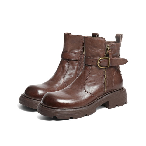 百丽潮酷皮带扣时装靴女2025冬新商场同款真皮厚底短靴F2P1DDZ5