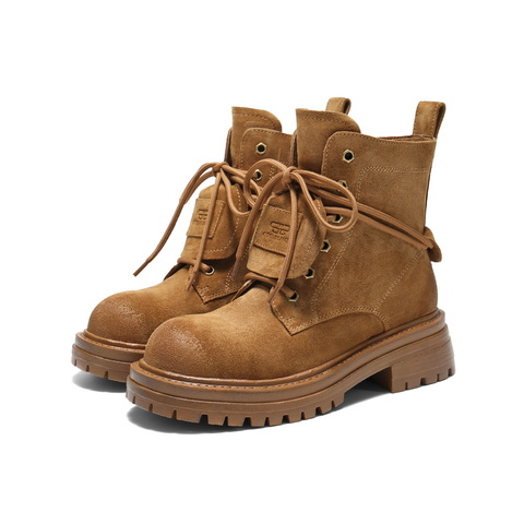 百丽复古鞋头擦色马丁靴女2025冬新厚底增高休闲绑带短靴B2912DD5