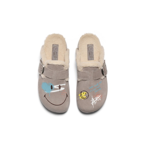 百丽SMILEY联名勃肯鞋女2025冬新厚底加毛可外穿毛毛拖鞋D8R2DDH5