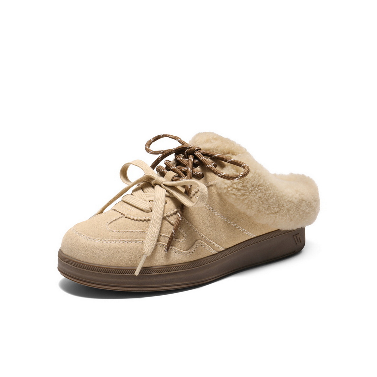 百丽双鞋带毛毛鞋女2025冬新商场同款加绒保暖外穿拖鞋E6E1DDH5