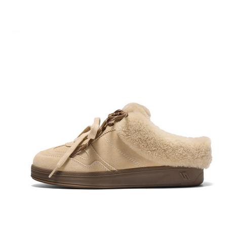 百丽双鞋带毛毛鞋女2025冬新商场同款加绒保暖外穿拖鞋E6E1DDH5