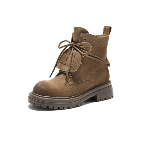 百丽复古鞋头擦色马丁靴女2025冬新厚底增高休闲绑带短靴B2912DD5