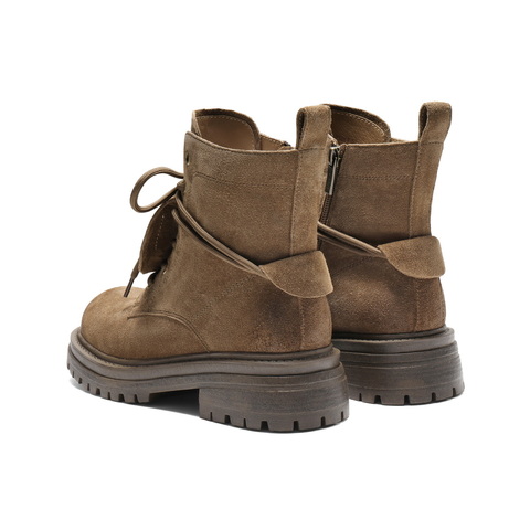 百丽复古鞋头擦色马丁靴女2025冬新厚底增高休闲绑带短靴B2912DD5