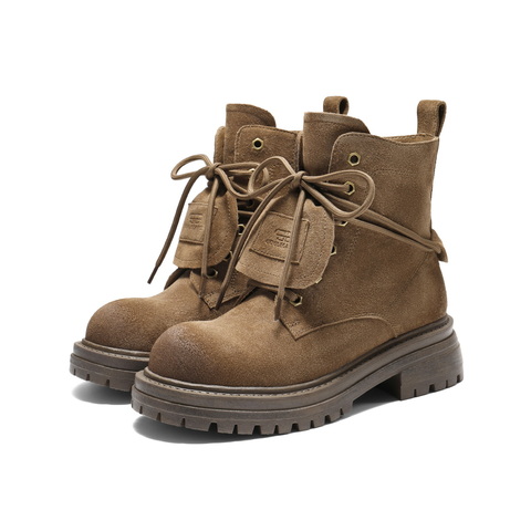 百丽复古鞋头擦色马丁靴女2025冬新厚底增高休闲绑带短靴B2912DD5