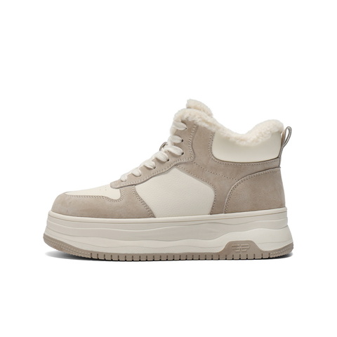 百丽撞色高帮鞋女2025冬新商场同款厚底增高加绒休闲板鞋E6T1DDD5