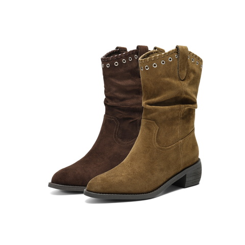 百丽复古绒面时装靴女2025冬新显瘦V口百搭西部牛仔靴B3009DZ5