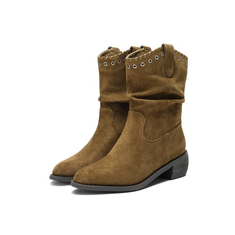 百丽复古绒面时装靴女2025冬新显瘦V口百搭西部牛仔靴B3009DZ5