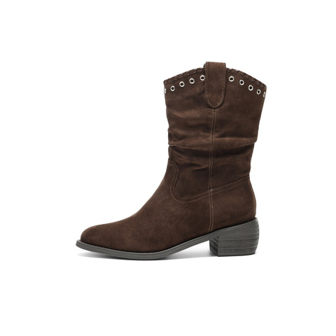 百丽复古绒面时装靴女2025冬新显瘦V口百搭西部牛仔靴B3009DZ5