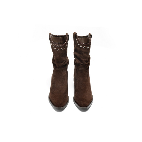 百丽复古绒面时装靴女2025冬新显瘦V口百搭西部牛仔靴B3009DZ5