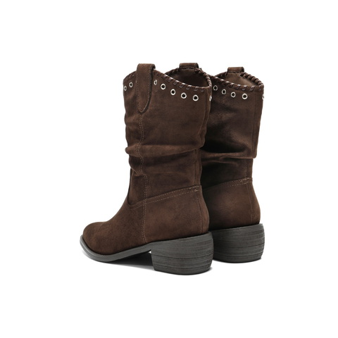 百丽复古绒面时装靴女2025冬新显瘦V口百搭西部牛仔靴B3009DZ5