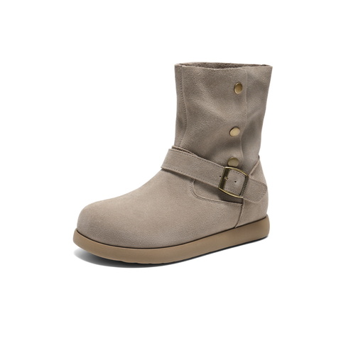 百丽复古绒面时装靴女2025冬新舒适薄底百搭休闲西部靴B2911DD5