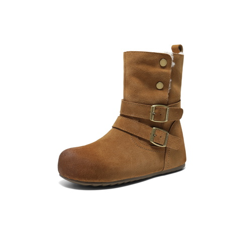 百丽复古双饰扣雪地靴女2025冬新内增高加毛保暖休闲中靴F3E1DDZ5