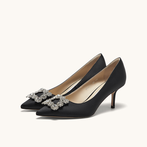 HGK时尚耀星花苞尖头浅口缎面闪钻细跟高跟鞋女鞋WTA01AQ5