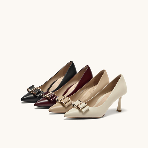 HGK云端蝶舞小蹦床时尚简约金属扣尖头浅口通勤真皮女单鞋WAK02AQ5