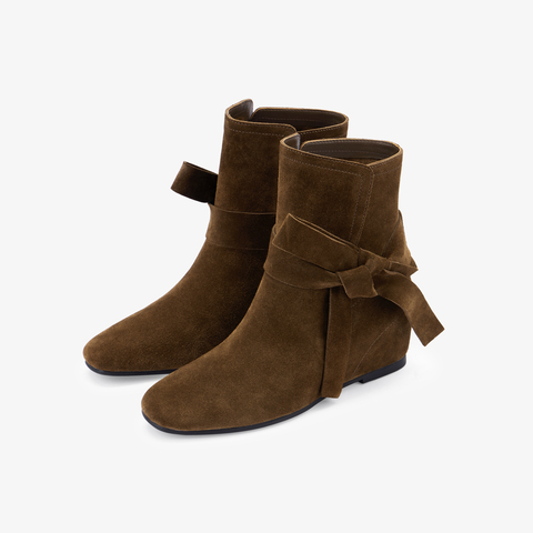 73hours女鞋温柔过渡2024冬季新品纯色圆头平底绑带西部靴