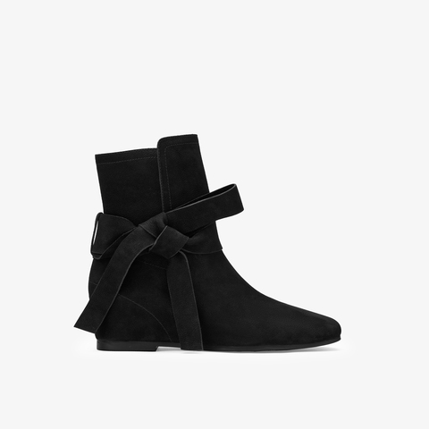 73hours女鞋温柔过渡2024冬季新品纯色圆头平底绑带西部靴