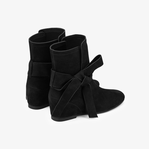 73hours女鞋温柔过渡2024冬季新品纯色圆头平底绑带西部靴