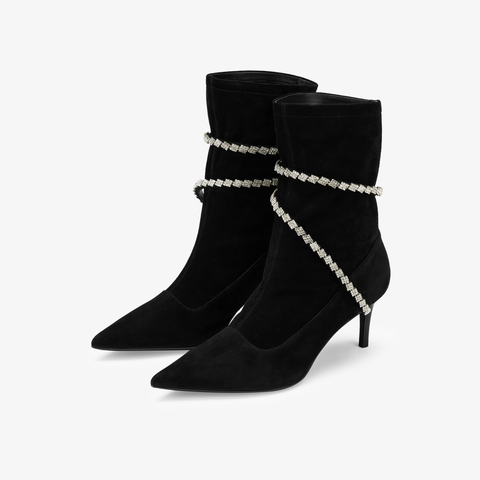 73hours女鞋银河环绕2024冬季新品细跟尖头水钻时装靴